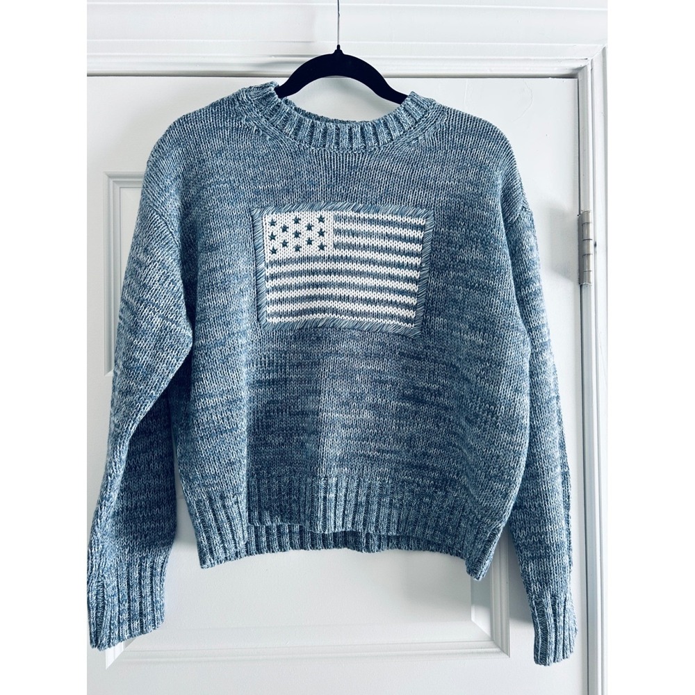 Womens Blue Marled American Flag Cotton Chunky Knit Crewneck Sweater Patriotic - Picture 1 of 4